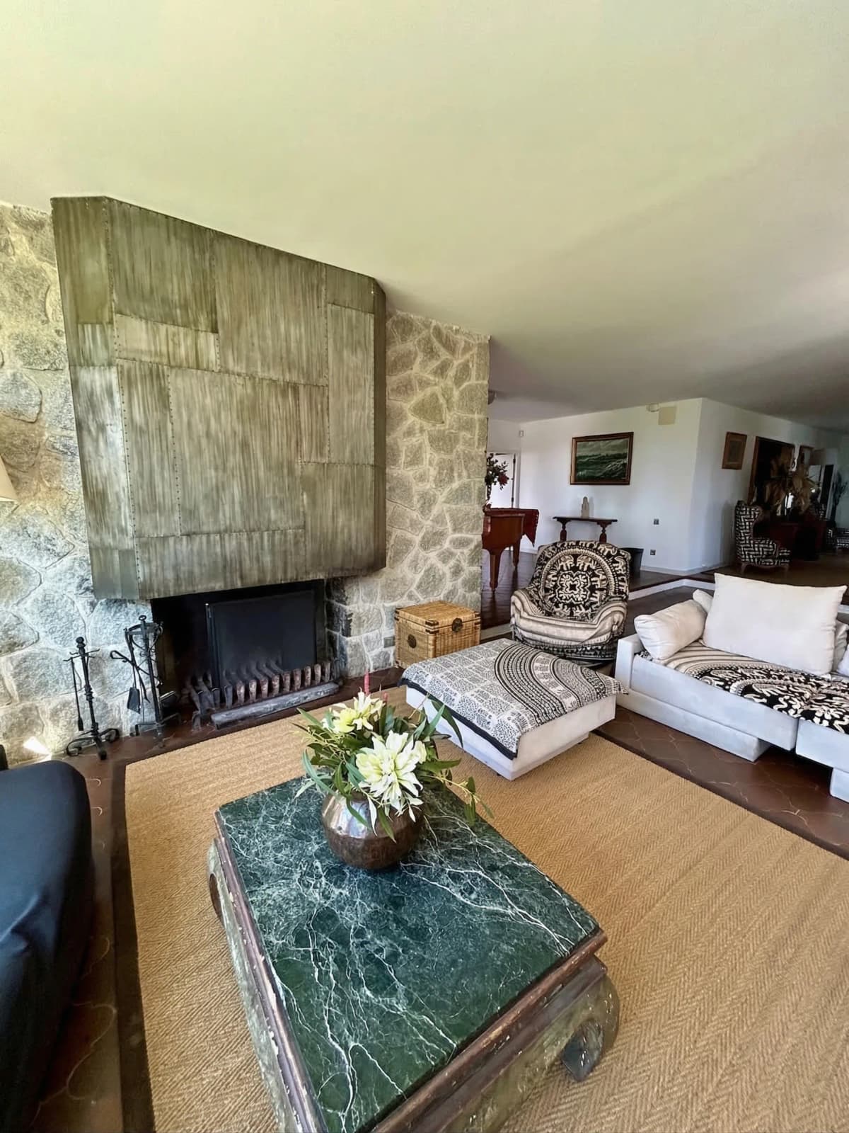 Cozy living room with stone fireplace