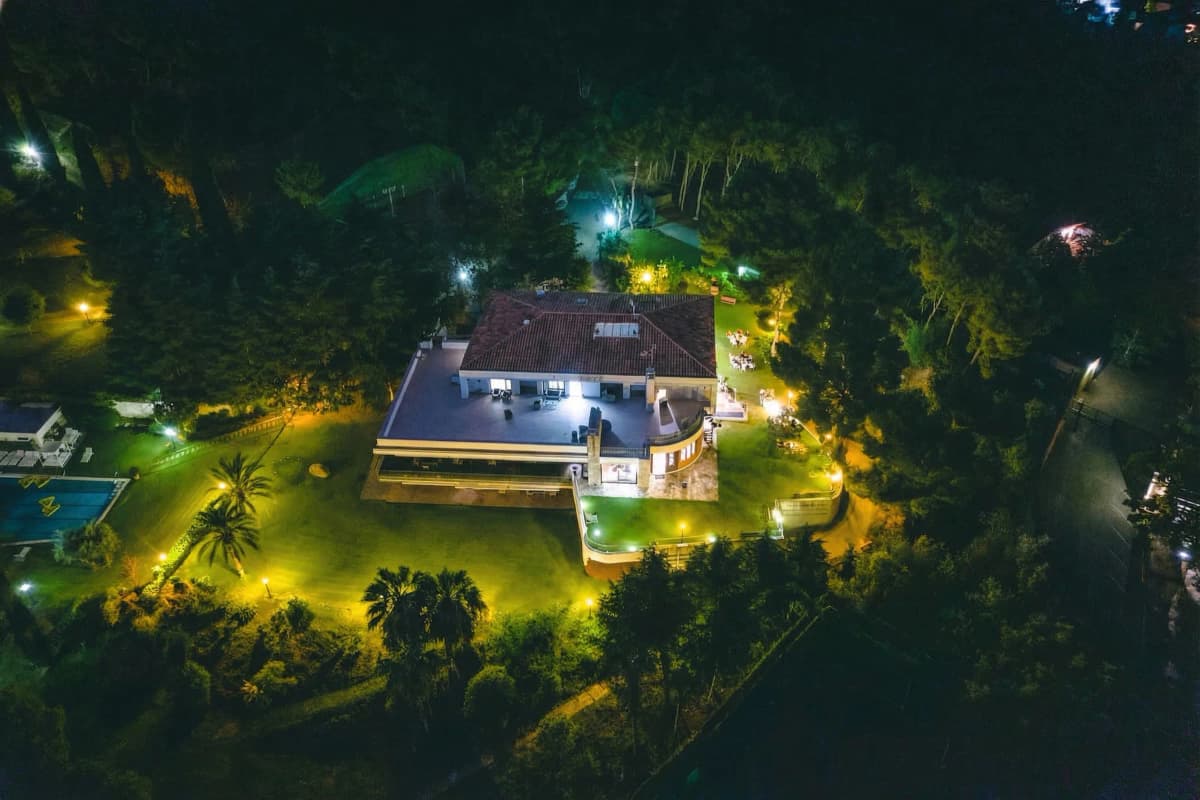 Night aerial view of the illuminated pool
